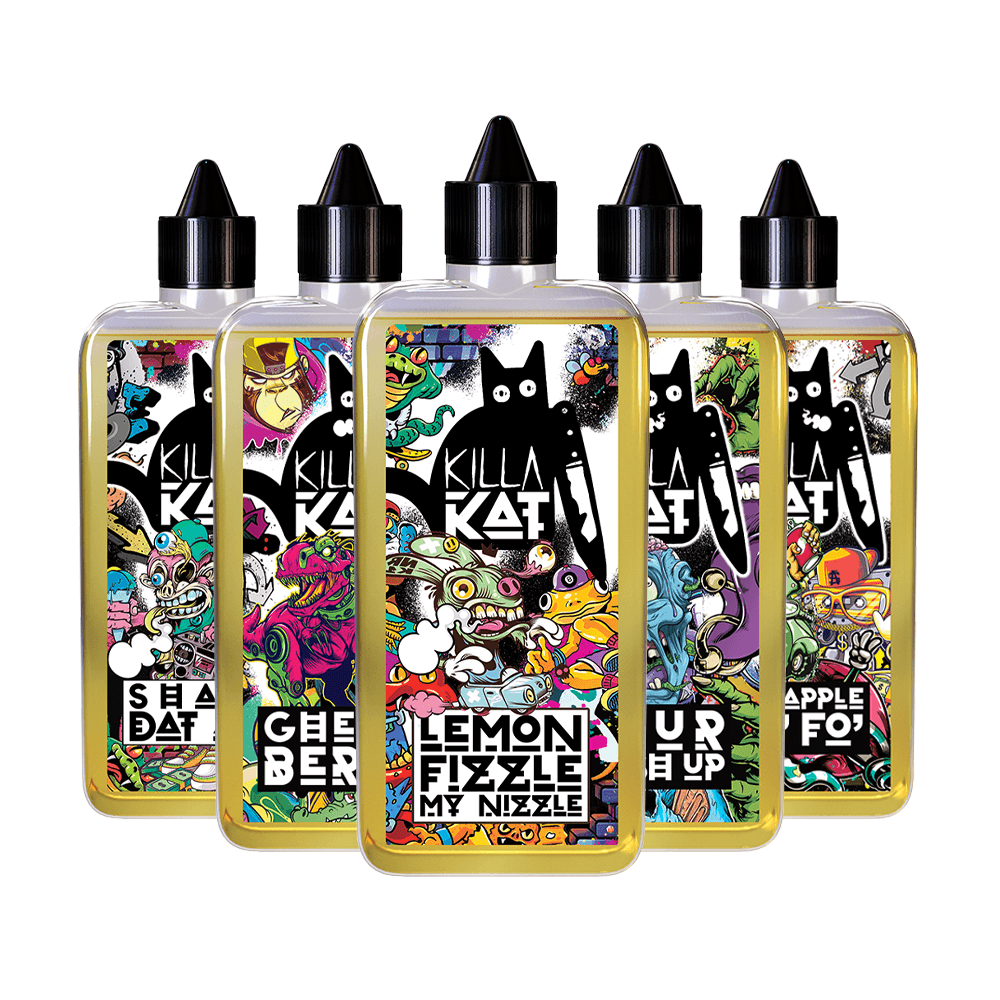 Five Killa Kat vape juice bottles with colourful, cartoon labels in a row.