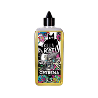 Vibrant e-liquid bottle with colourful cartoon design and "Killa Kat Crybena" label.