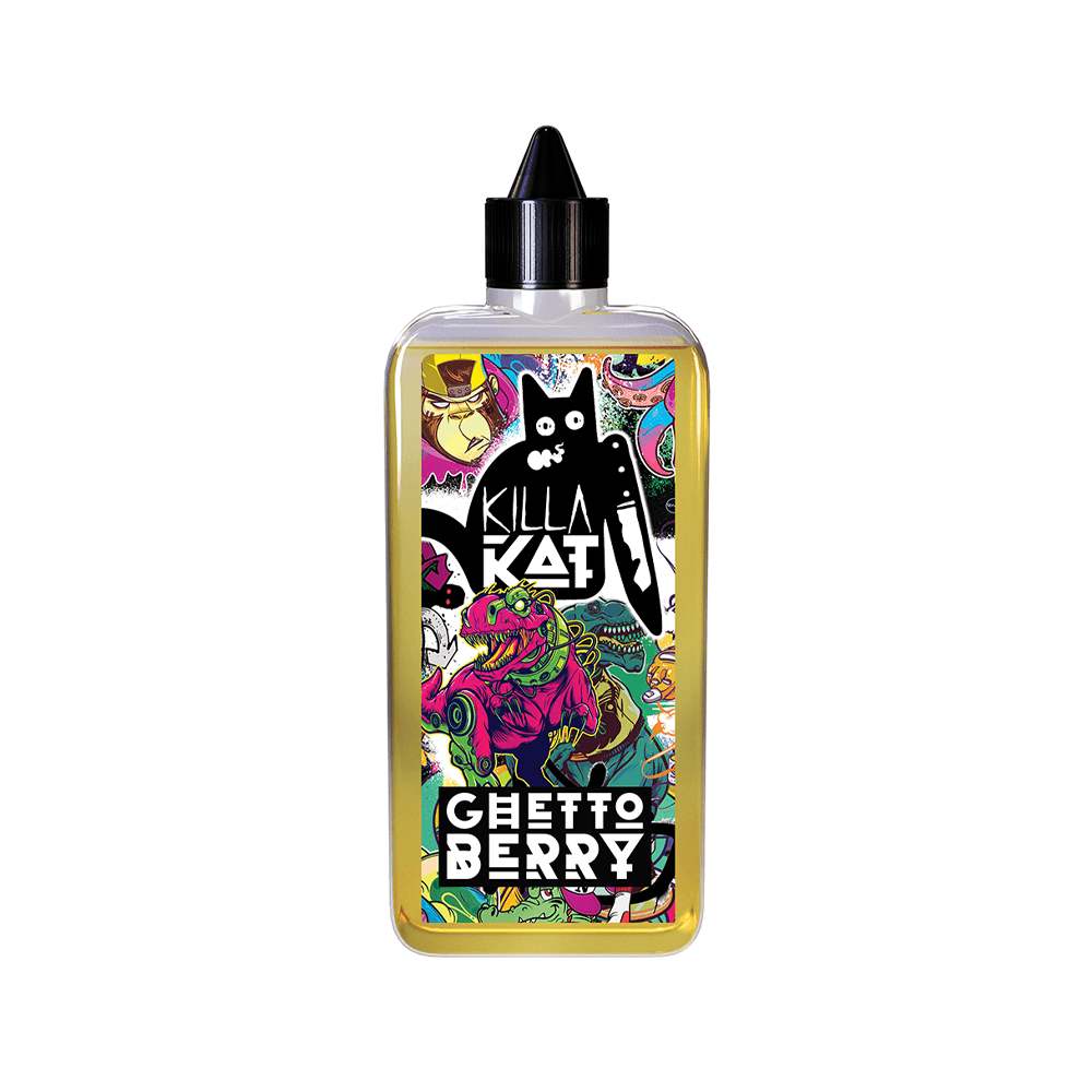 Vibrant vape juice bottle with colourful, cartoonish design and "Ghetto Berry" label.