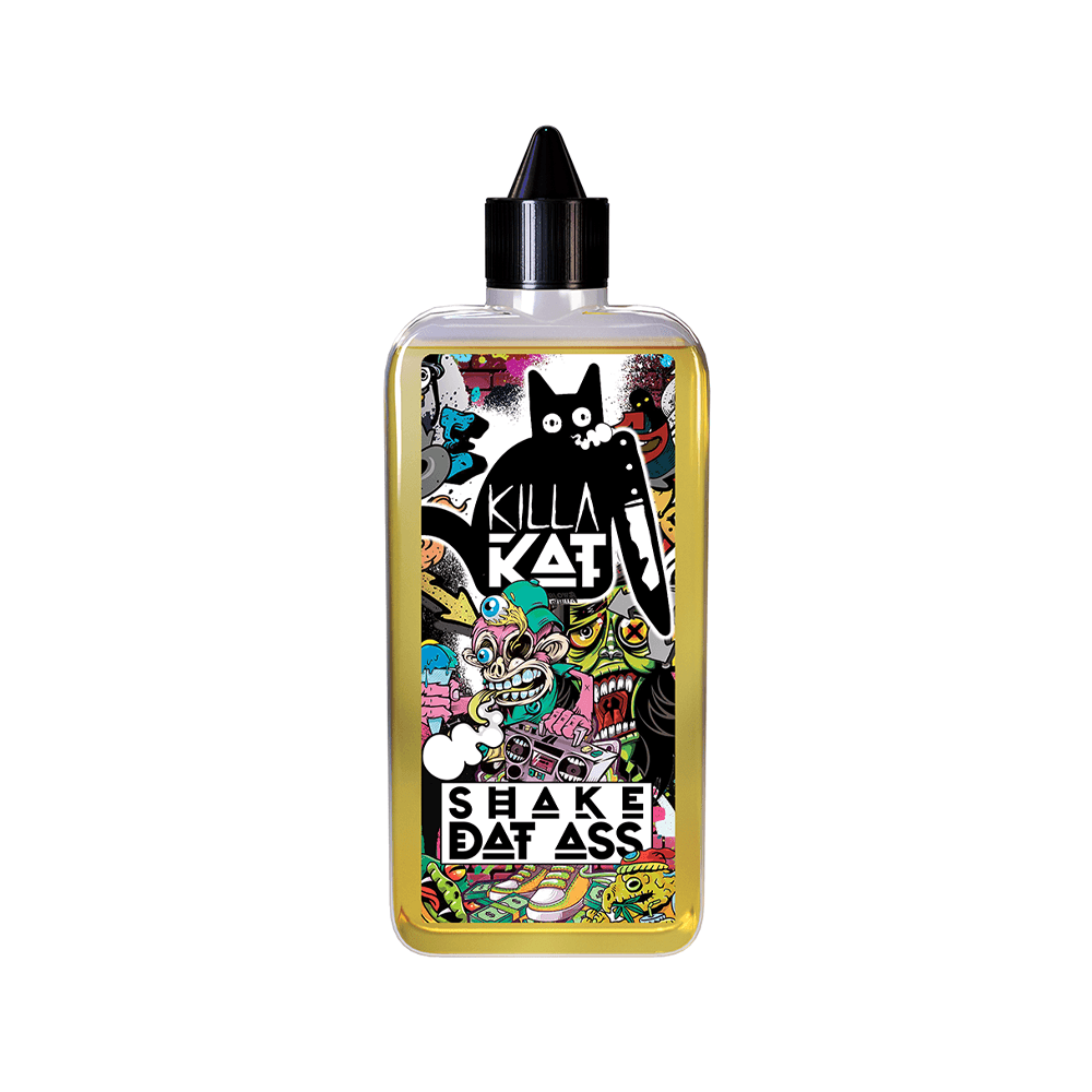 Vibrant vape juice bottle with cartoon design and bold "Killa Kat" text.