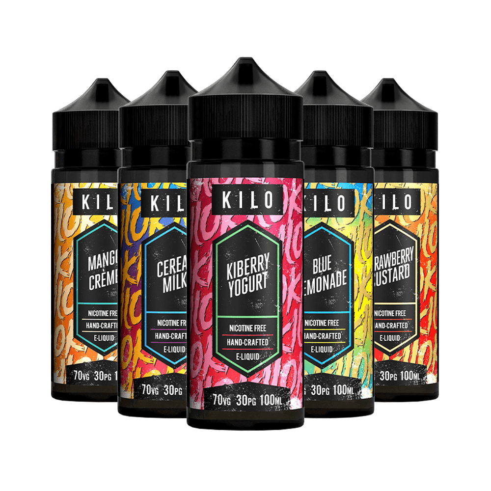 Five KILO e-liquid bottles: Mango Creme, Cereal Milk, Kiberry Yogurt, Blue Lemonade, Strawberry Custard.