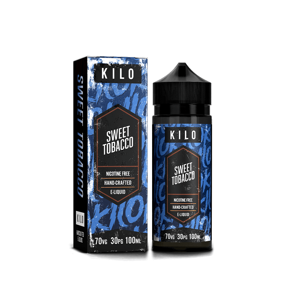 KILO Sweet Tobacco e-liquid 100ml bottle and box, nicotine-free, hand-crafted design.