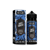 KILO Sweet Tobacco e-liquid 100ml bottle and box, nicotine-free, hand-crafted design.