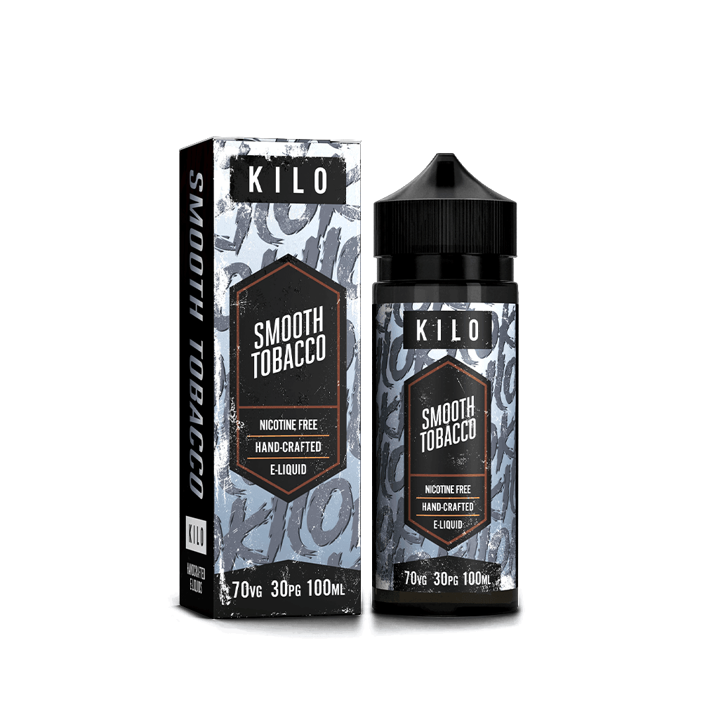 KILO Smooth Tobacco e-liquid bottle and box, 100ml, nicotine-free, hand-crafted design.