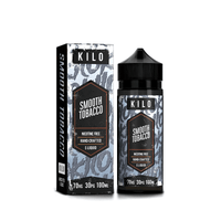 KILO Smooth Tobacco e-liquid bottle and box, 100ml, nicotine-free, hand-crafted design.