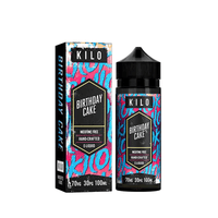 KILO Birthday Cake e-liquid bottle and box, 100ml, nicotine-free, vibrant design.