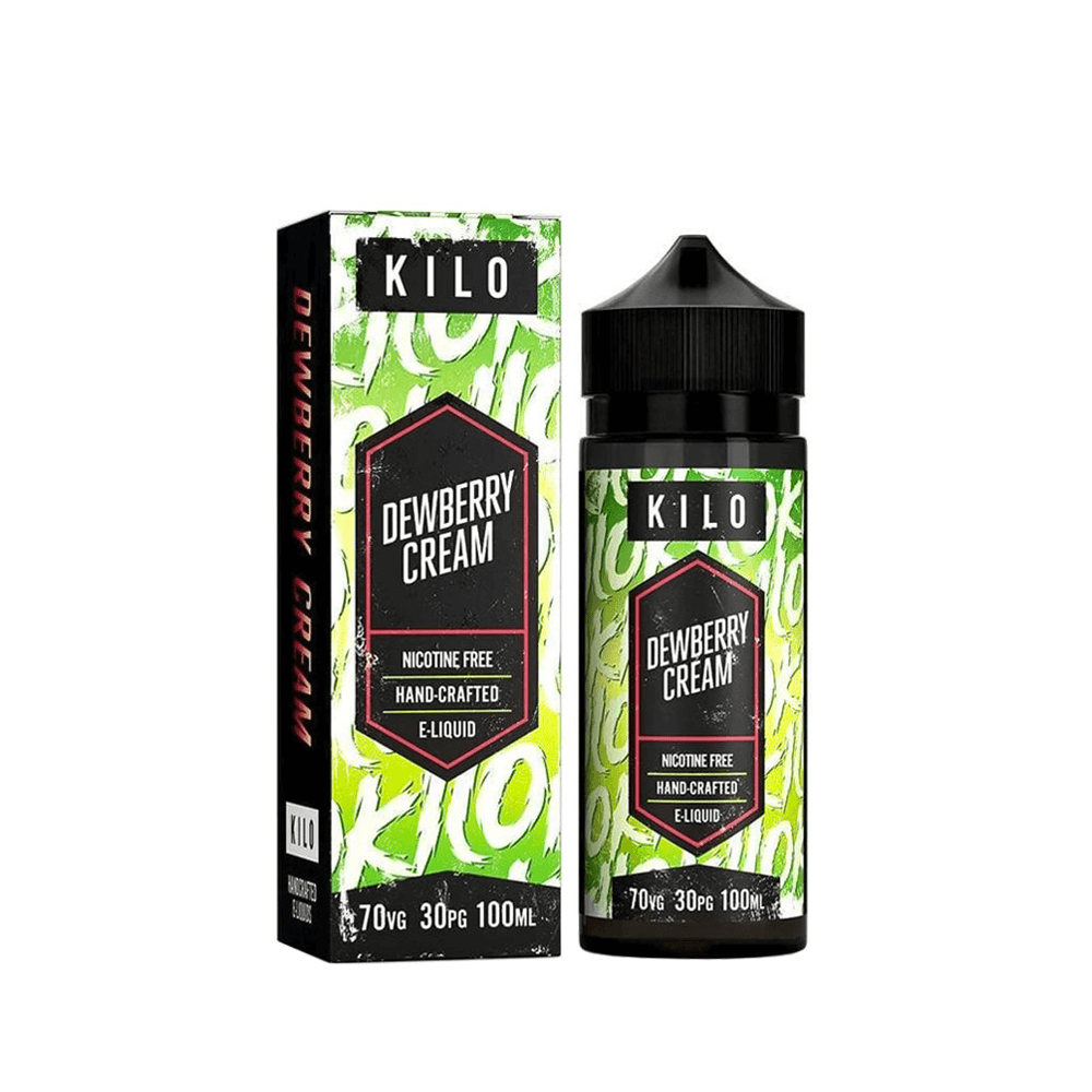 KILO Dewberry Cream e-liquid bottle and box, 100ml, nicotine-free, green and black design.