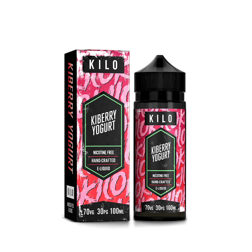 KILO Kiberry Yogurt 100ml shortfill bottle and box, vibrant pink design.