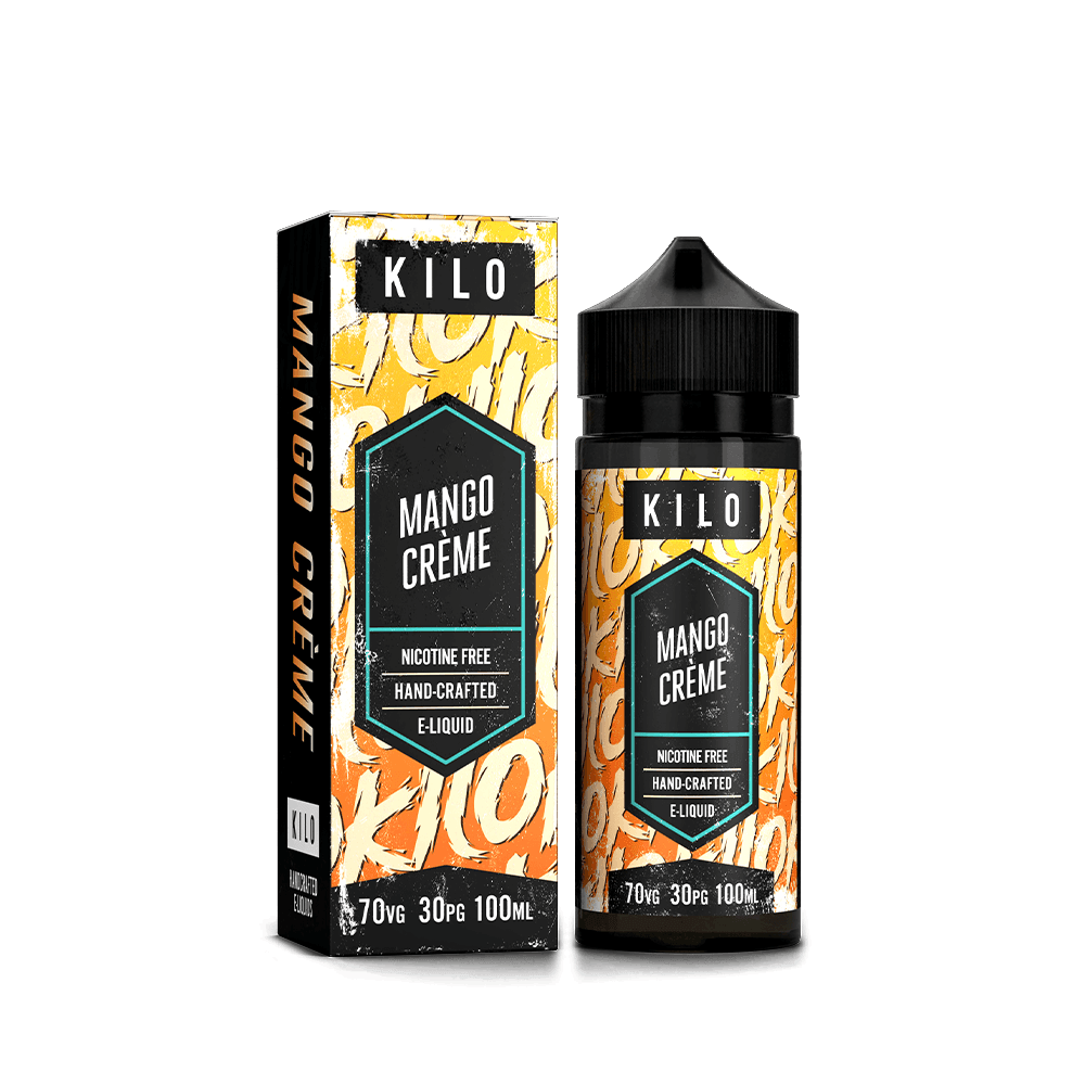 KILO Mango Crème e-liquid bottle and packaging, 100ml shortfill, vibrant orange design.