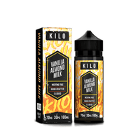 KILO Vanilla Almond Milk e-liquid bottle and box, 100ml shortfill, vibrant design.