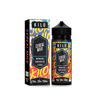 KILO Cereal Milk e-liquid bottle and box with colourful design, 100ml, nicotine free.