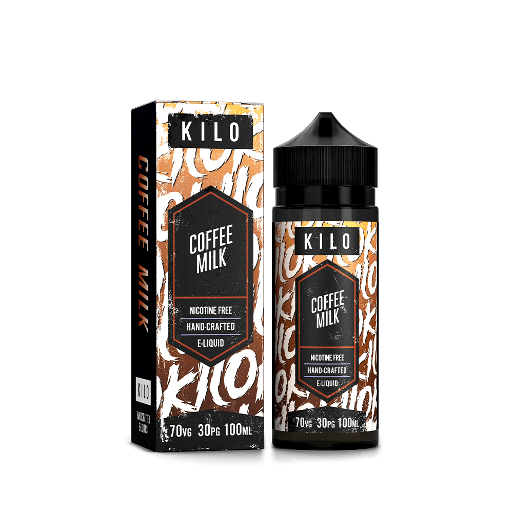 Kilo Coffee Milk e-liquid bottle and box, 100ml shortfill, nicotine-free.