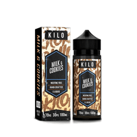 KILO Milk & Cookies e-liquid bottle and box, 100ml shortfill, nicotine-free, hand-crafted.