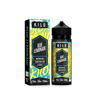 KILO Blue Lemonade e-liquid bottle and box, 100ml, nicotine-free, vibrant design.