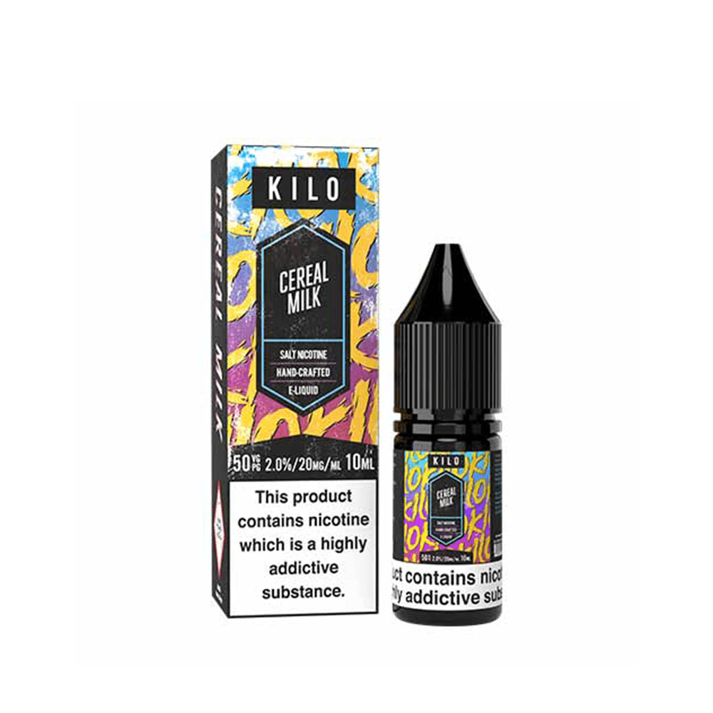 Kilo Cereal Milk e-liquid bottle and box with vibrant design, 10ml size, 20mg nicotine salts.