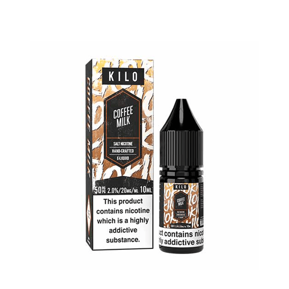 KILO Coffee Milk e-liquid bottle and box, 10ml, displayed on a white background.