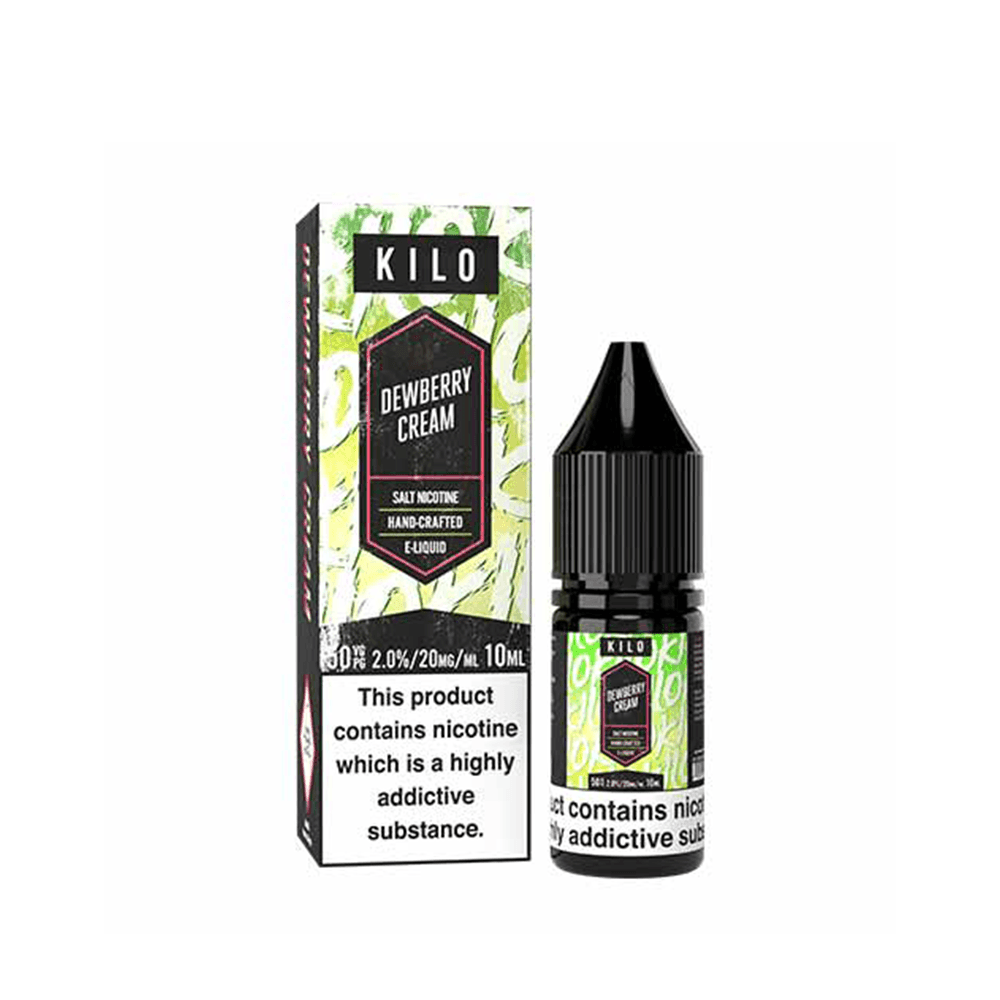 KILO Dewberry Cream 10ml e-liquid bottle and box with nicotine warning.