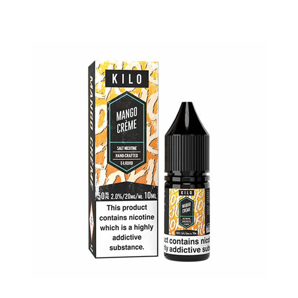 KILO Mango Crème 10ml e-liquid bottle and box with bold branding and nicotine warning.