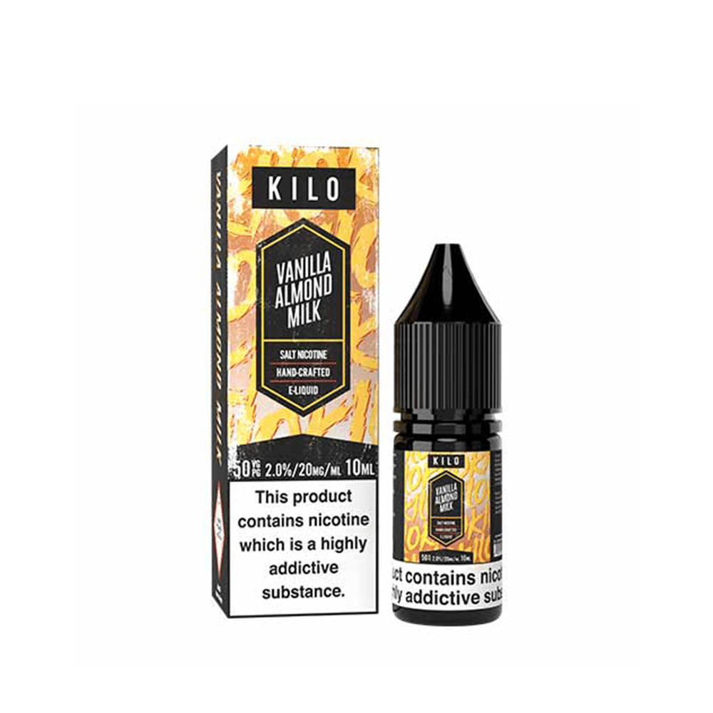 KILO Vanilla Almond Milk e-liquid, 10ml bottle and box, displayed with branding visible.