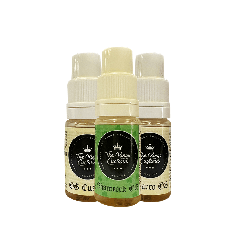 Three Kings Custard e-liquid bottles: OG Custard, Shamrock, and Tobacco OG flavours.