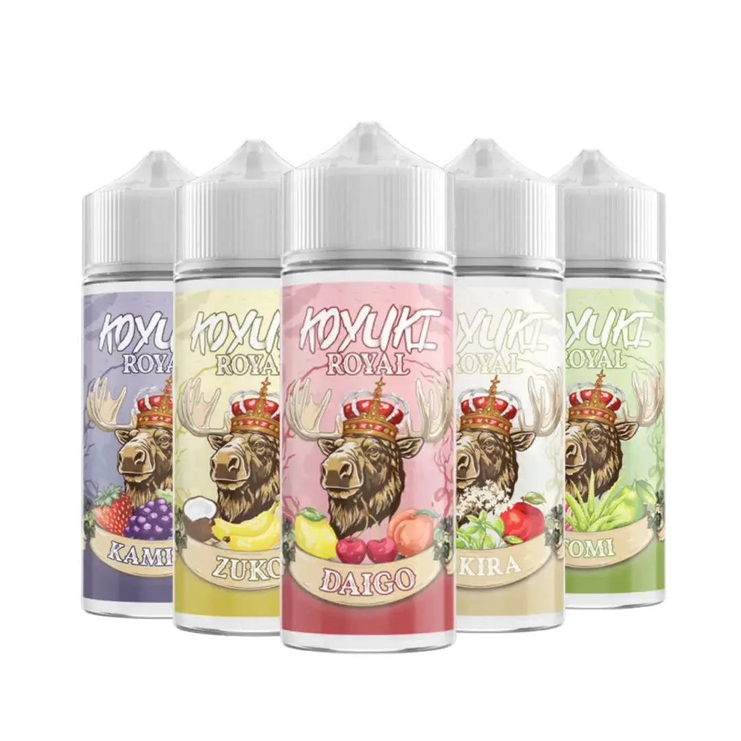 Five Koyuki Royal 100ml shortfill bottles with colourful fruit-themed labels.