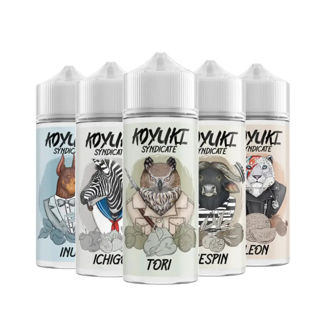 Five Koyuki Syndicate 100ml shortfill e-liquid bottles with animal-themed labels.