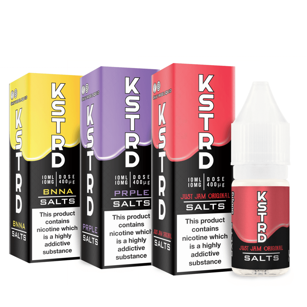 KSTRD vape salts in colourful packaging with nicotine warning labels.