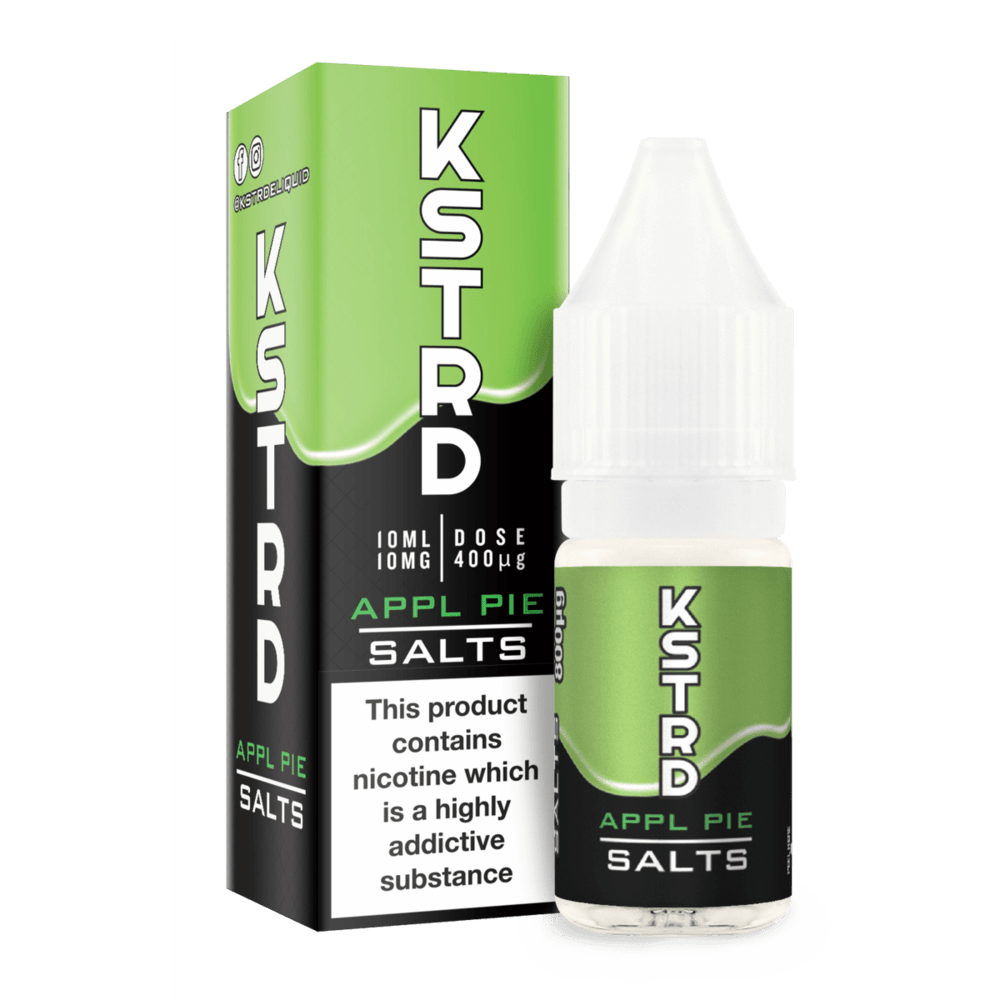 Green KSTRD Apple Pie Salts vape juice bottle and box, 10ml, 10mg nicotine.