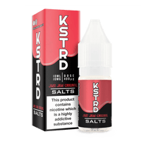 KSTRD e-liquid bottle and box with red and black design, 10ml, nicotine warning label.