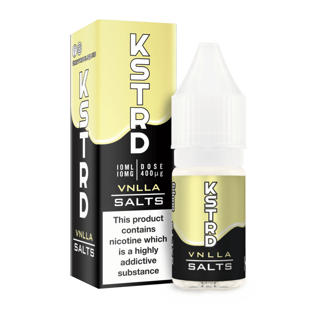 KSTRD VNLLA Salts e-liquid bottle and box with a nicotine warning label.