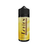 L'cius Banana Butterscotch Custard e-liquid 100ml shortfill bottle with yellow label.