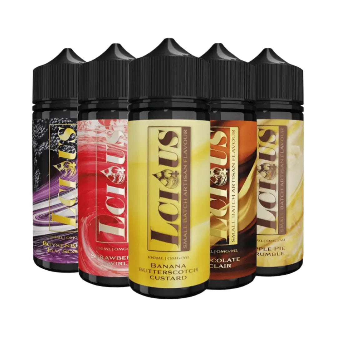 Five Lclous e-liquid bottles: Boysenberry Jam, Strawberry Swirl, Banana Butterscotch Custard, Chocolate Eclair, Apple Pie Crumble.