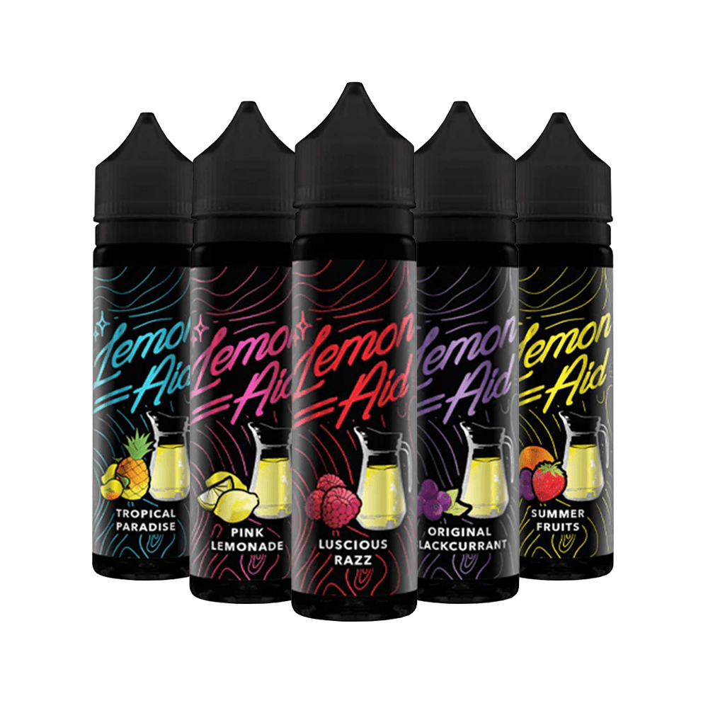 Five Lemon Aid e-liquid bottles in various fruity flavours.