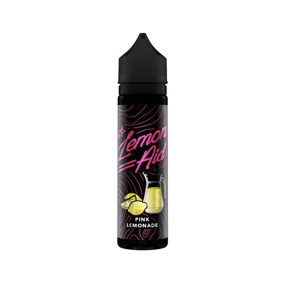 Lemon Aid Pink Lemonade vape juice bottle with lemon graphics.