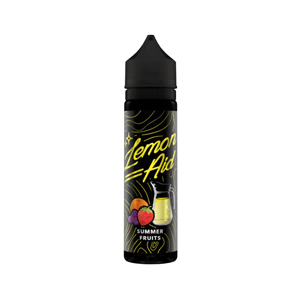 Lemon Aid vape juice bottle with summer fruits design on a black background.