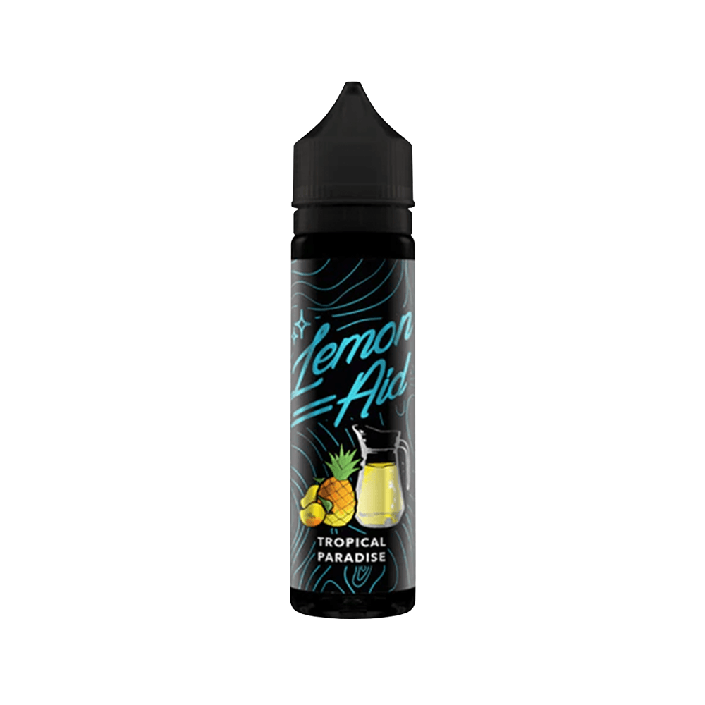 Lemon Aid Tropical Paradise vape juice bottle with fruit and lemonade graphics.