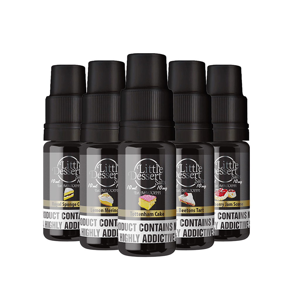 Five Little Dessert 10ml vape bottles featuring flavours like Lemon Meringue and Cherry Jam.