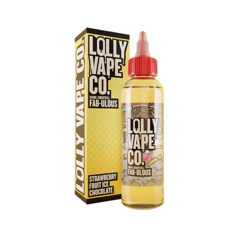 Lolly Vape Co. 100ml shortfill bottle and box with strawberry, fruit ice, chocolate flavours.