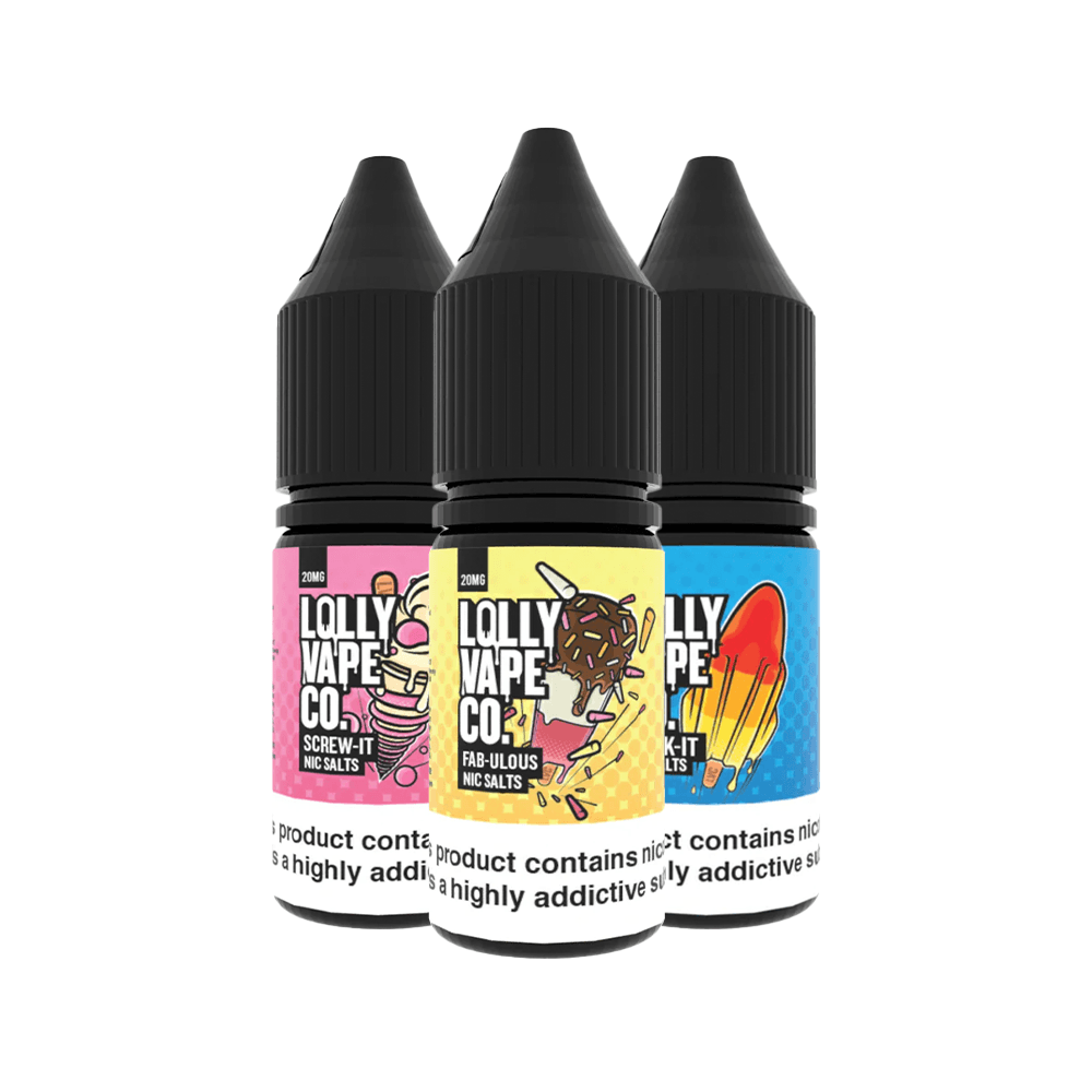 Three Lolly Vape Co. e-liquid bottles with colourful labels: Screw-It, Fab-U-Lous, and Rocket-It.