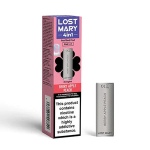 Lost Mary 4-in-1 Berry Apple Peach vape pod with packaging, 20mg/ml nicotine.