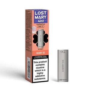 Lost Mary 4-in-1 Cherry Ice vape pod next to its packaging.