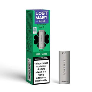 Lost Mary 4-in-1 Double Apple pod packaging with a nicotine warning label displayed.
