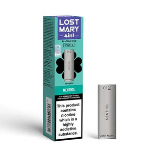 Lost Mary 4-in-1 Menthol vape pod packaging with a visible pod beside the box.