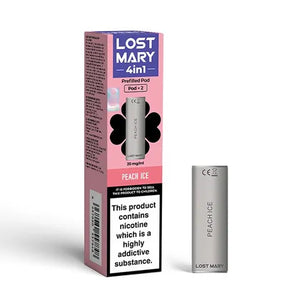 Lost Mary 4-in-1 Peach Ice vape pod packaging and pod displayed against a white background.