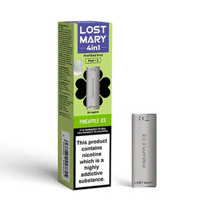 Lost Mary 4-in-1 Pineapple Ice vape pod packaging and pod, with health warning label.