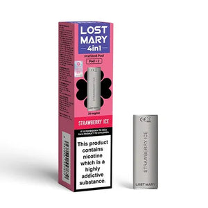 Lost Mary 4 in 1 Pods, Strawberry Ice flavour packaging and pod, nicotine warning visible.