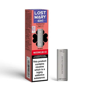 Lost Mary 4-in-1 Watermelon Ice pod with packaging, featuring nicotine warning label.