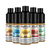 Five Maryliq 10ml nic salt e-liquid bottles in assorted flavours, including Pineapple Mango.