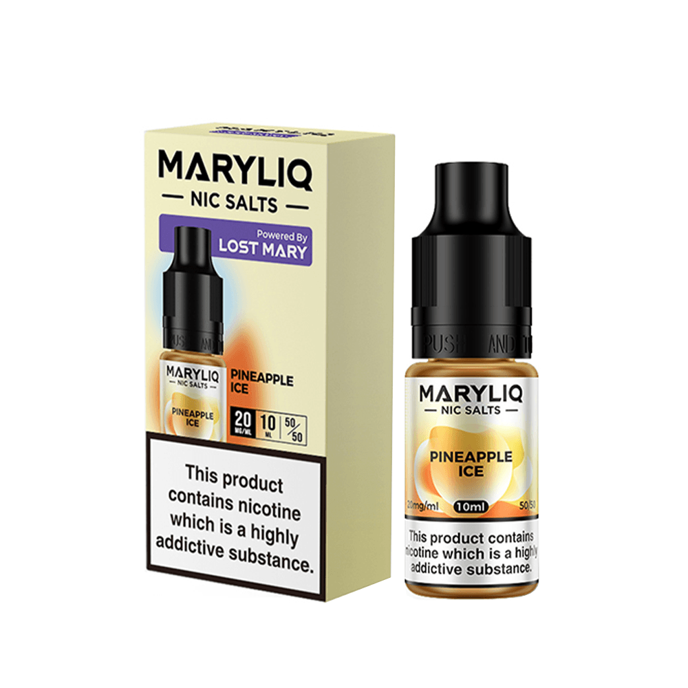 Maryliq Pineapple Ice 10ml Nic Salts by Lost Mary, with box and bottle displayed.