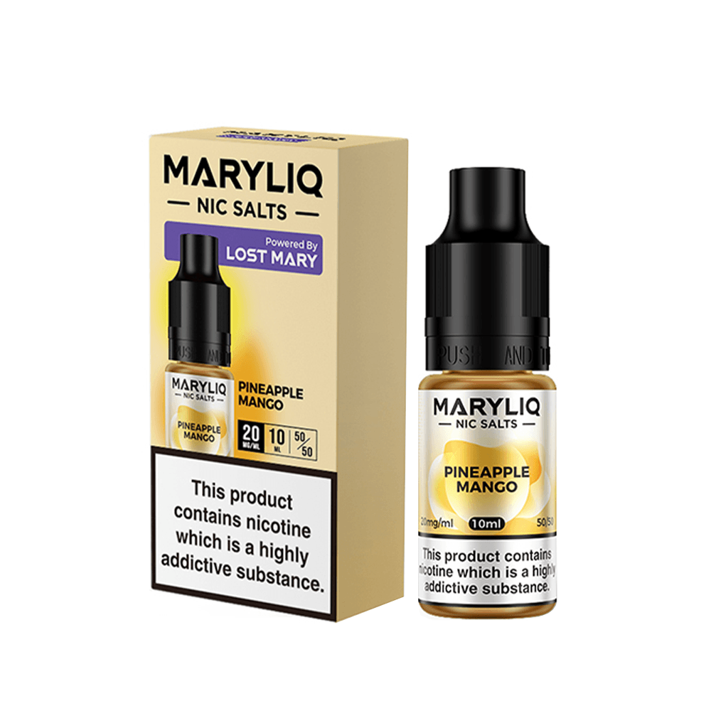 Maryliq Pineapple Mango Nic Salts by Lost Mary, 10ml bottle and box, e-liquid packaging.